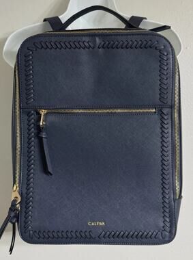 CALPAK Kaya Backpack Blue Faux Leather 15” Laptop Bag Padded Partitions